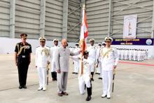 Hon'ble President of India, Shri Ram Nath Kovind presenting Colour to the Indian Naval Aviation at INS Hansa, Dabolim in Goa. Hon'ble Governor attended the function.