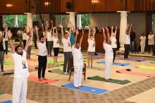 International Yoga Day celebrated in Raj Bhavan. Hon’ble Governor,Hon’ble Union Minister for Tourism,Culture and Development of NE Region,Shri G. Kishan Reddy and Hon’ble Minister of State for Defence & Tourism, Shri Ajay Bhatt along with G20 delegates.